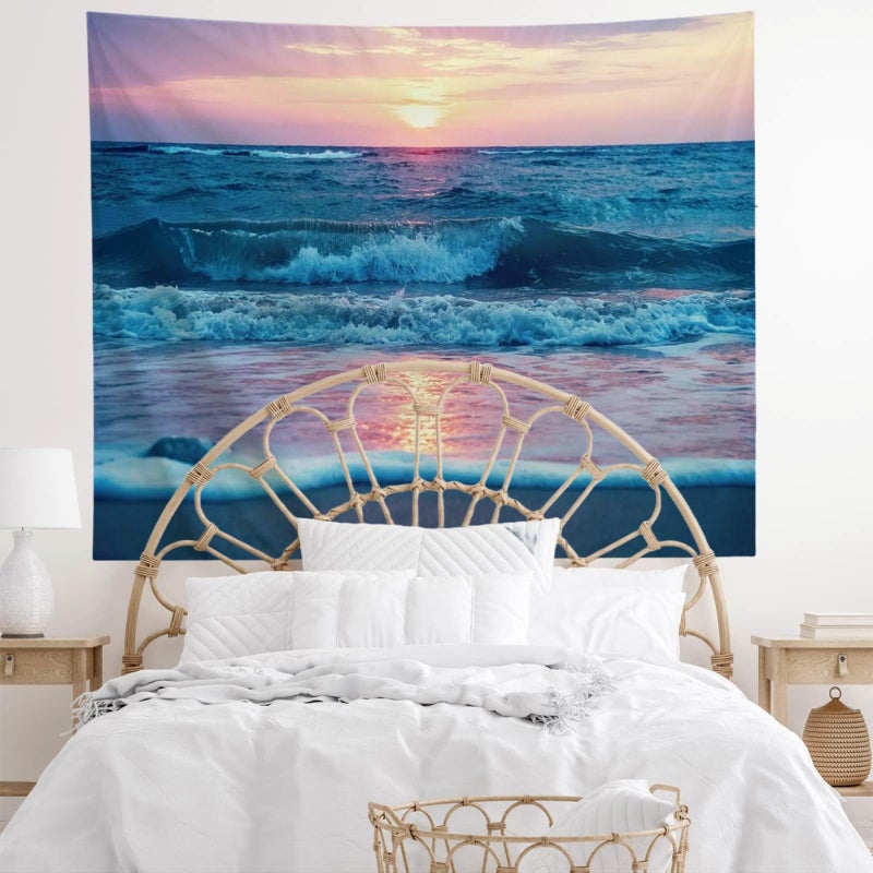 IcosaMro Ocean Tapestry Wall Hanging, Sea Beach Wave Sun Cloud Landscape Scenery Nature Wall Art [Double-Folded Hems] Bohemian Home Decor for Bedroom, Dorm, College, Living Room, 51x60, Blue - Image 3